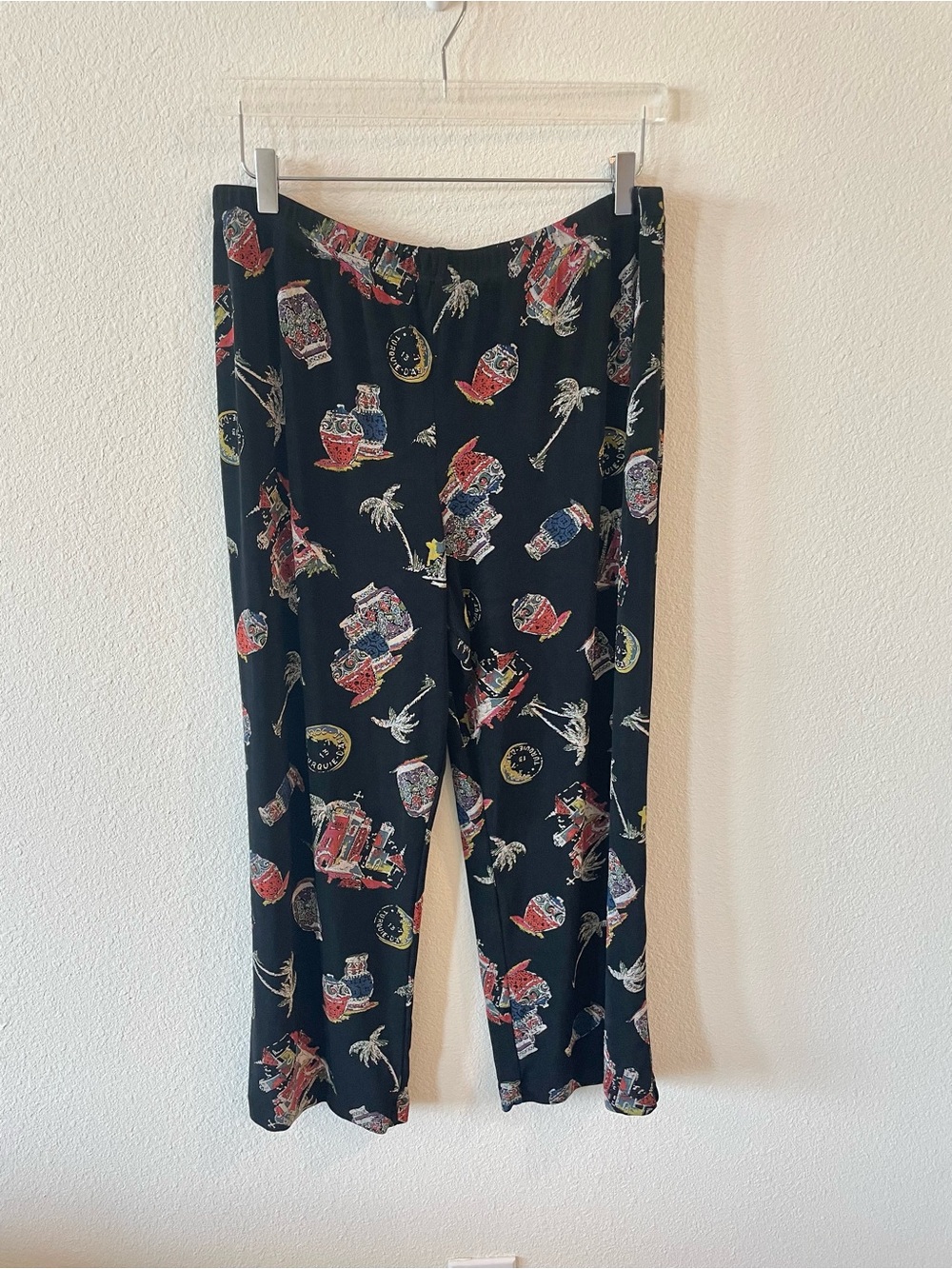 Coldwater Creek Vintage Black Tropical Travel Print Wide-Leg Pants